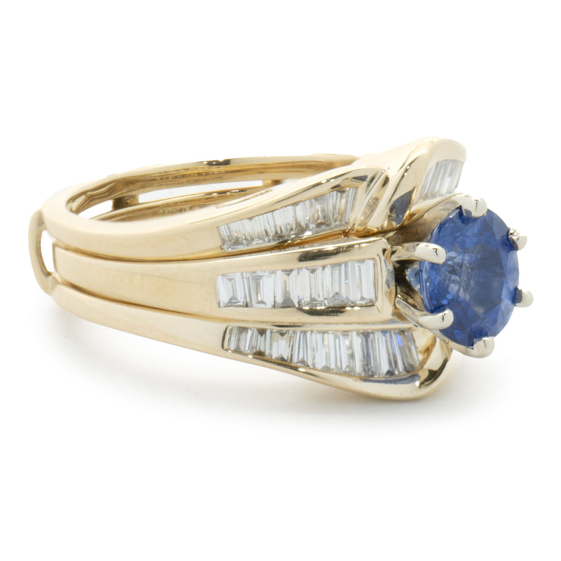 14 Karat Yellow Gold Vintage Sapphire and Diamond Two Piece Ring Set