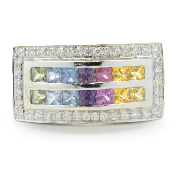 14 Karat White Gold Rainbow Sapphire and Diamond Double Row Ring