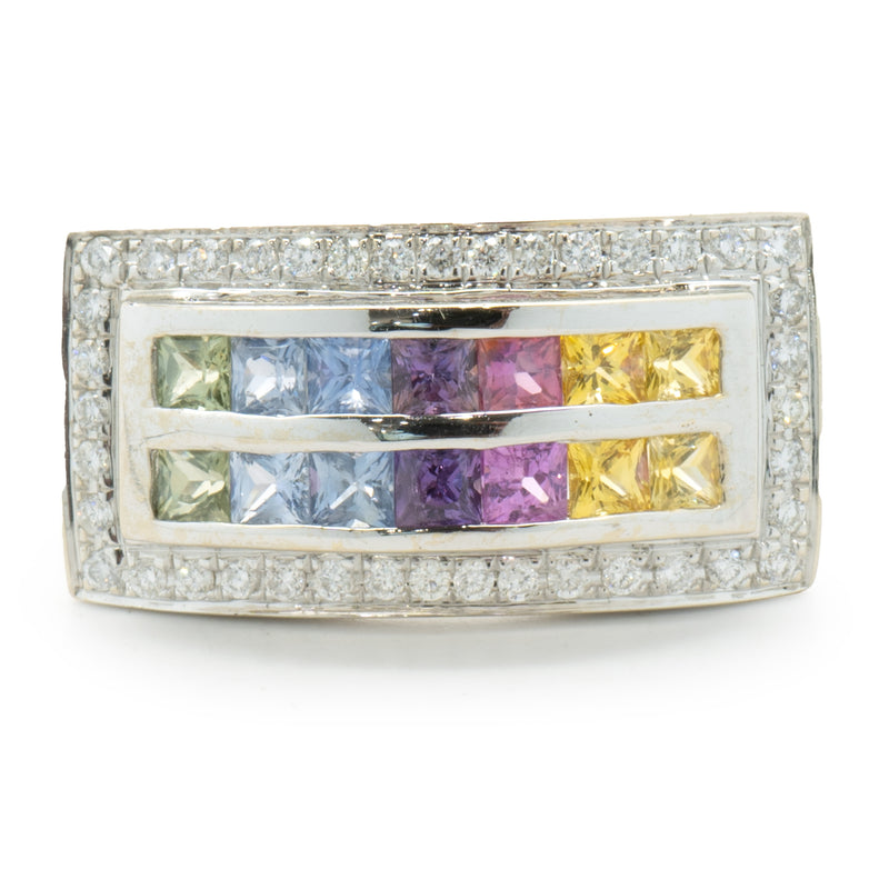 14 Karat White Gold Rainbow Sapphire and Diamond Double Row Ring