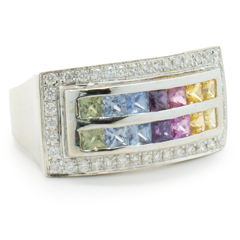 14 Karat White Gold Rainbow Sapphire and Diamond Double Row Ring