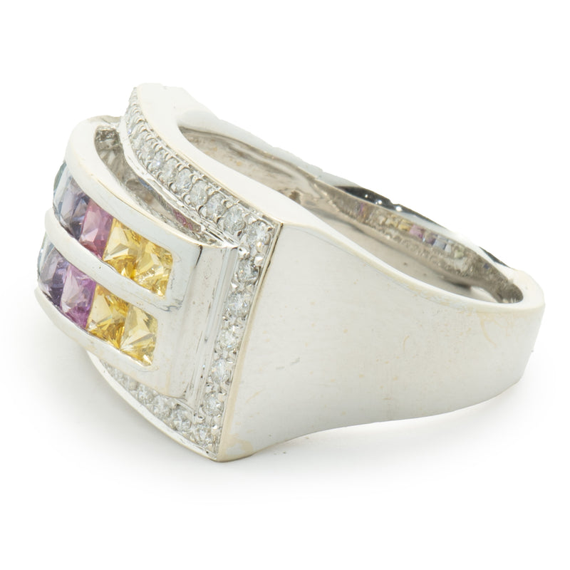 14 Karat White Gold Rainbow Sapphire and Diamond Double Row Ring