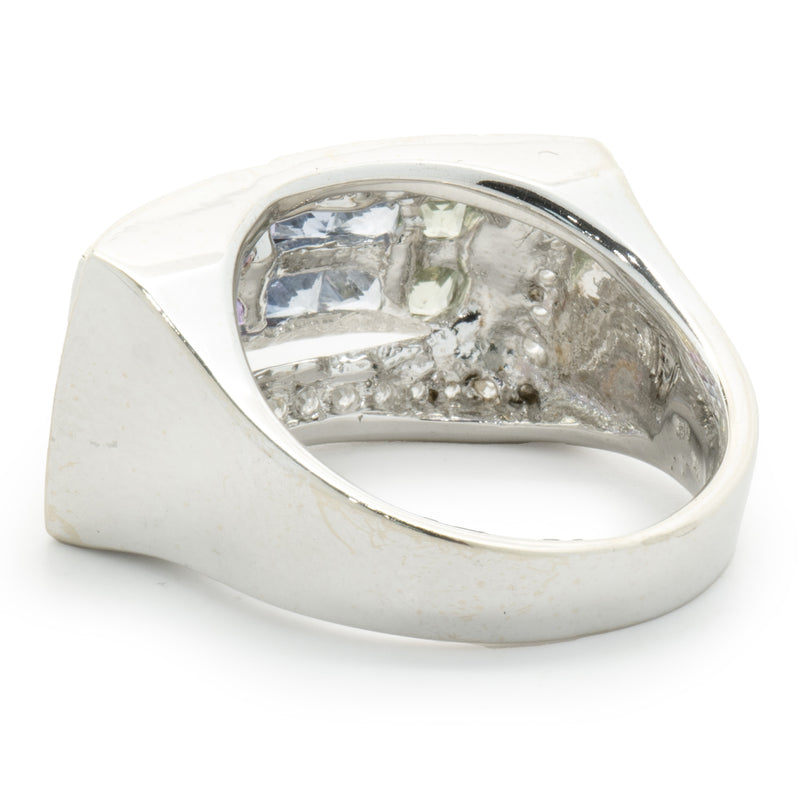 14 Karat White Gold Rainbow Sapphire and Diamond Double Row Ring