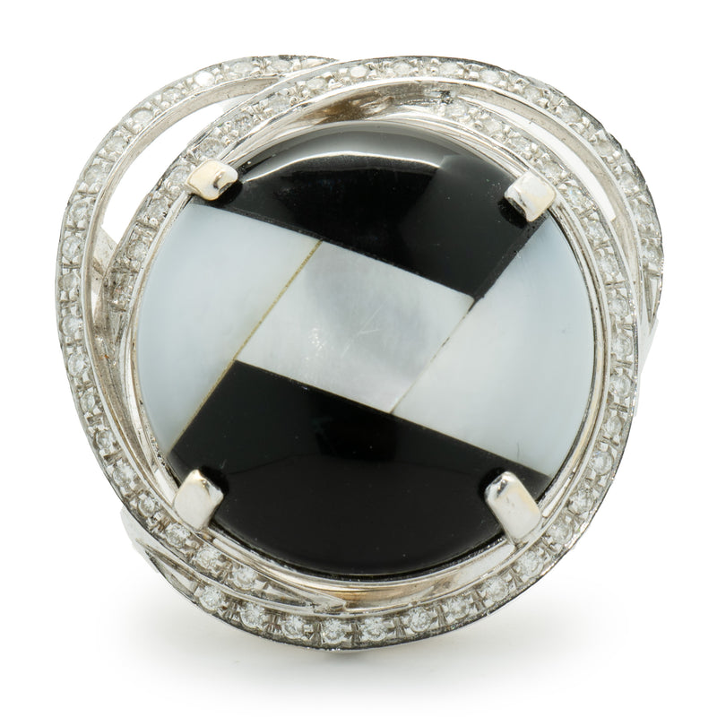 18 Karat White Gold Black Onyx, Mother of Pearl Inlay and Diamond Ring