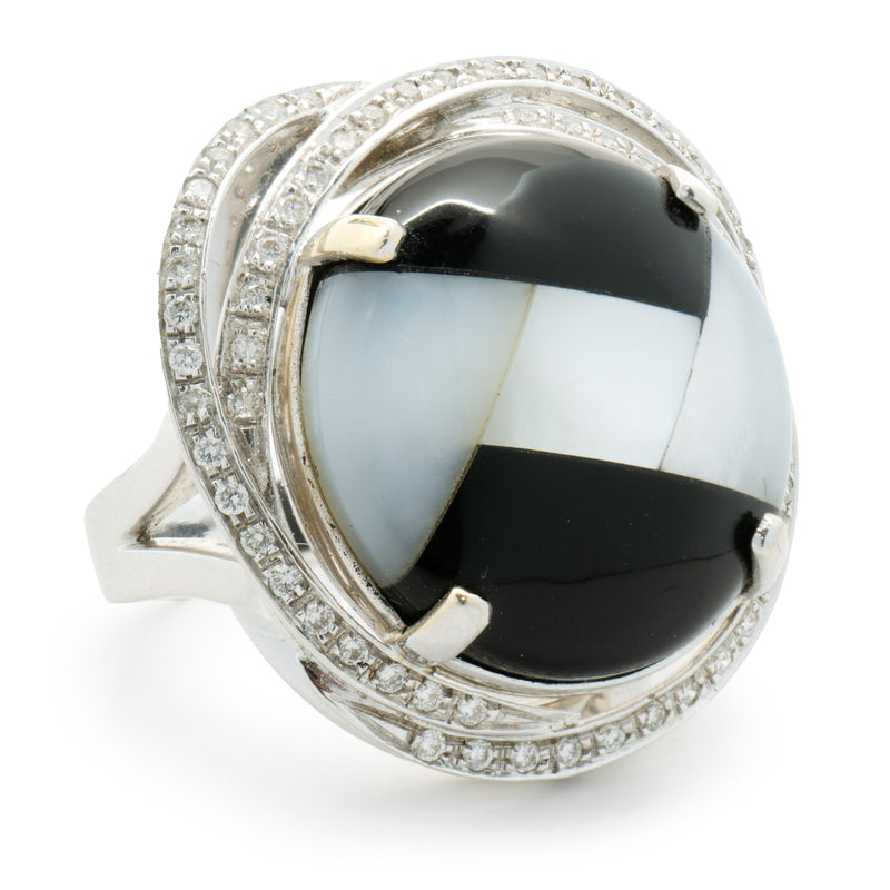 18 Karat White Gold Black Onyx, Mother of Pearl Inlay and Diamond Ring