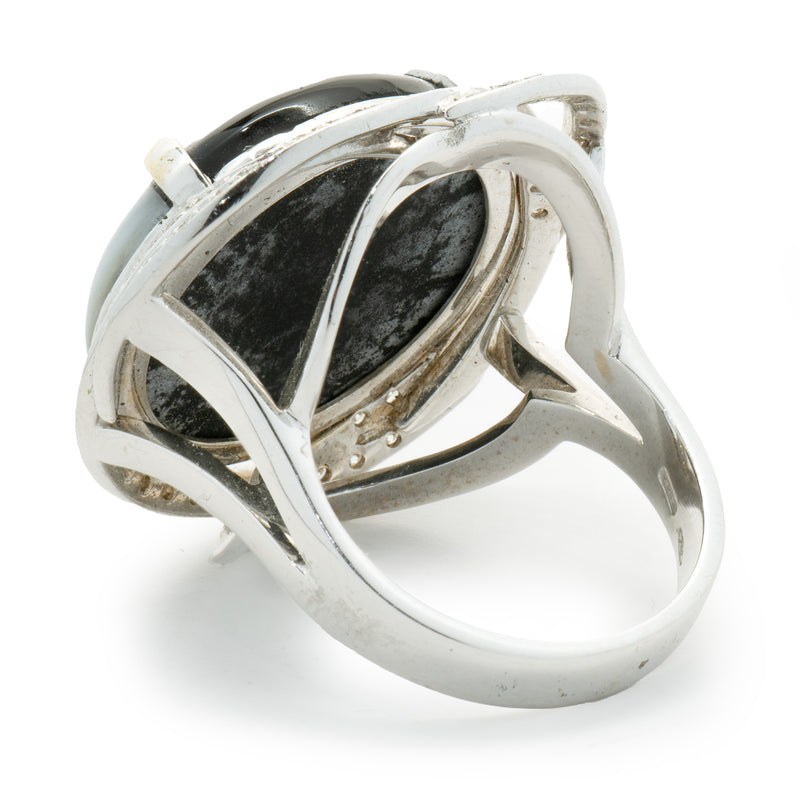 18 Karat White Gold Black Onyx, Mother of Pearl Inlay and Diamond Ring