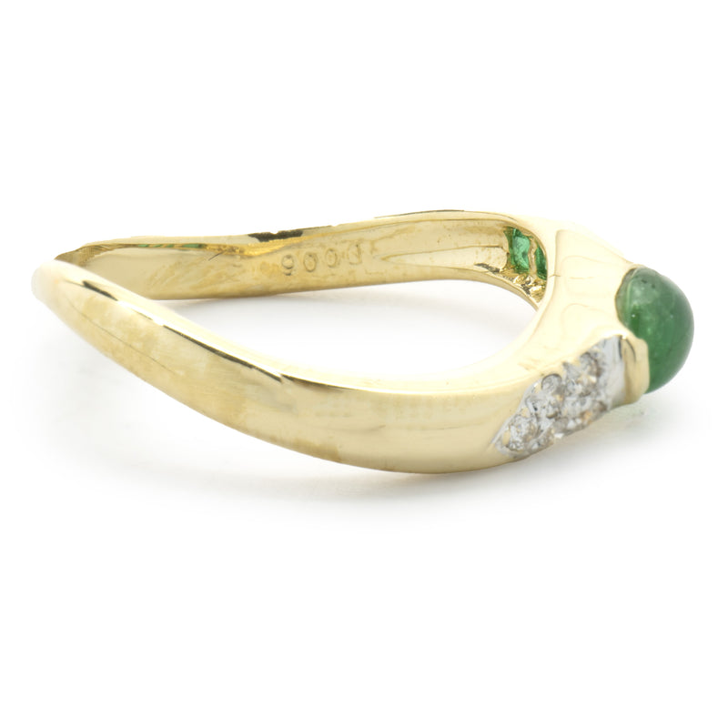 18 Karat Yellow Gold Cabochon Emerald and Diamond Ring