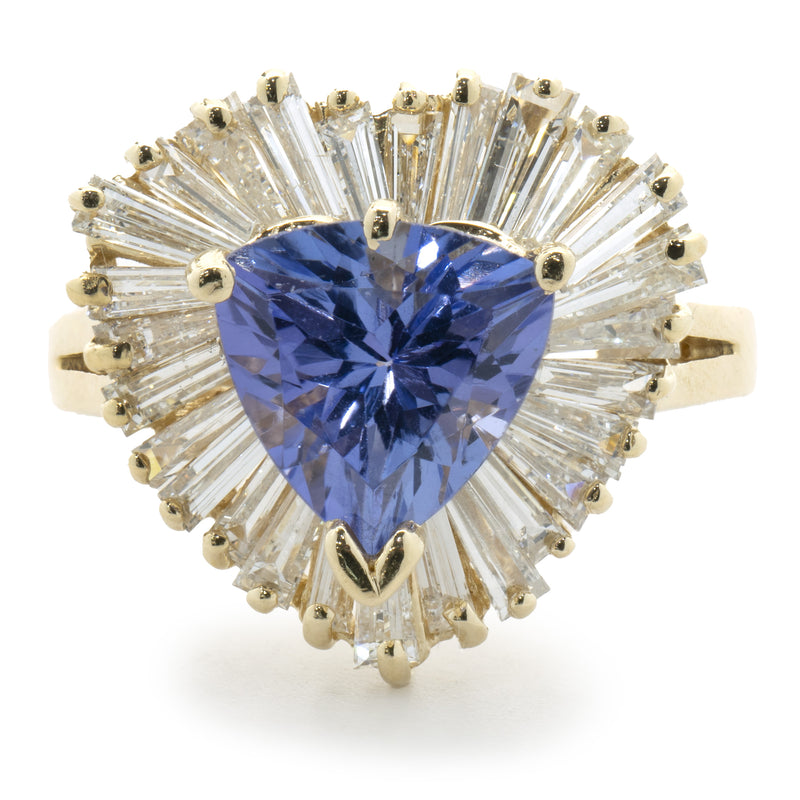14 Karat Yellow Gold Trillion Cut Tanzanite and Diamond Ballerina Ring