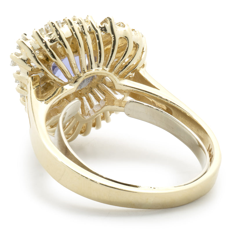 14 Karat Yellow Gold Trillion Cut Tanzanite and Diamond Ballerina Ring