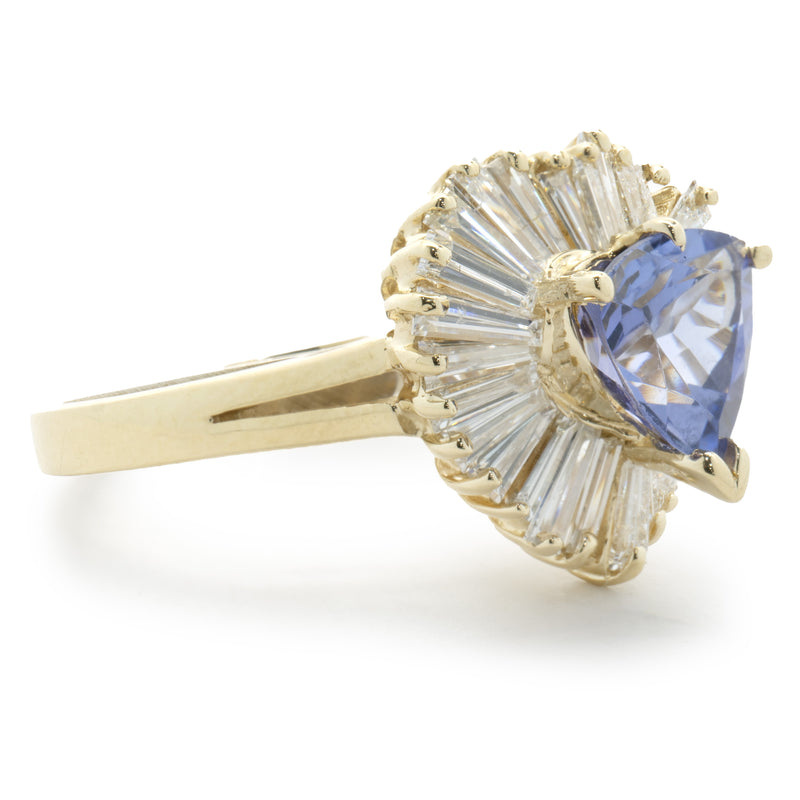 14 Karat Yellow Gold Trillion Cut Tanzanite and Diamond Ballerina Ring