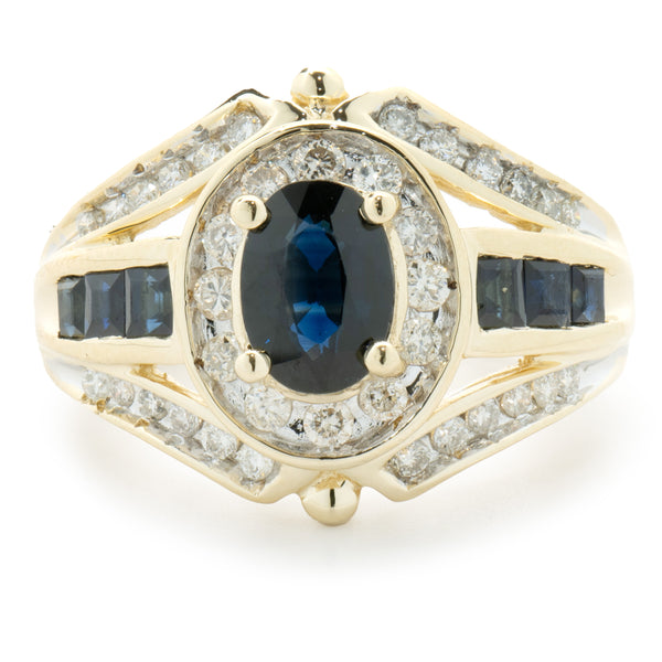 14 Karat Yellow Gold Vintage Oval Sapphire and Diamond Cocktail Ring