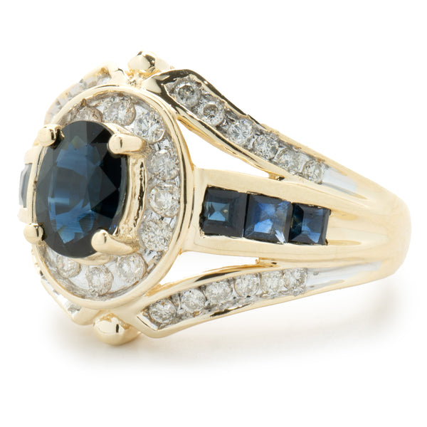 14 Karat Yellow Gold Vintage Oval Sapphire and Diamond Cocktail Ring