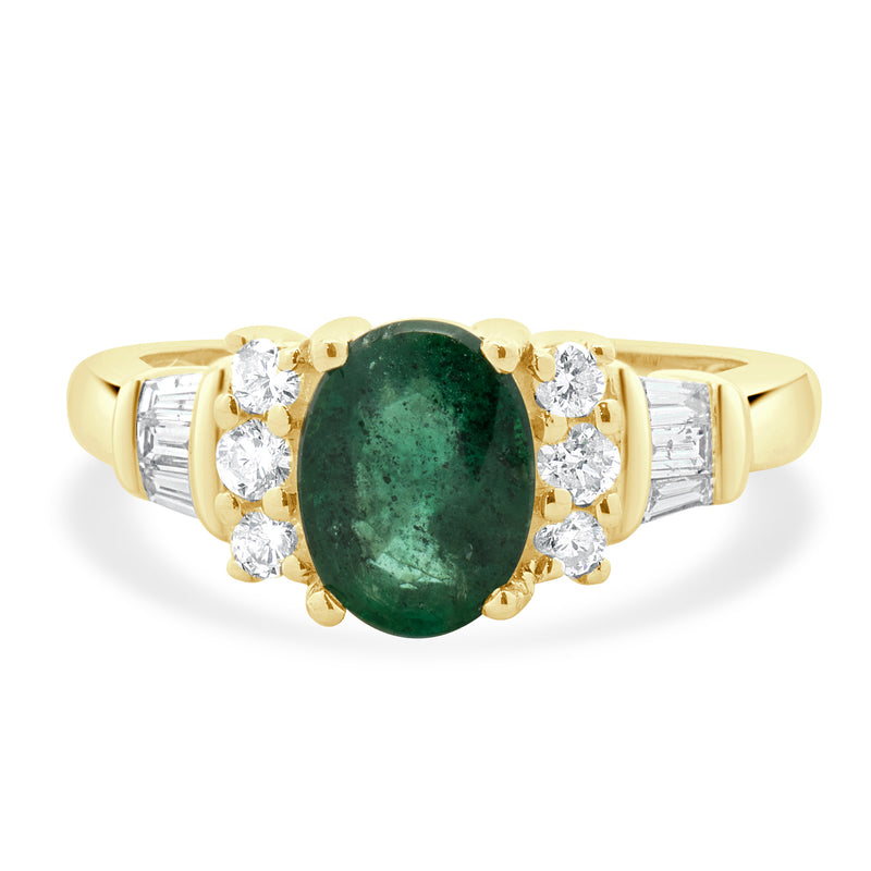 14 Karat Yellow Gold Oval Dark Kelly Green Emerald and Diamond Ring