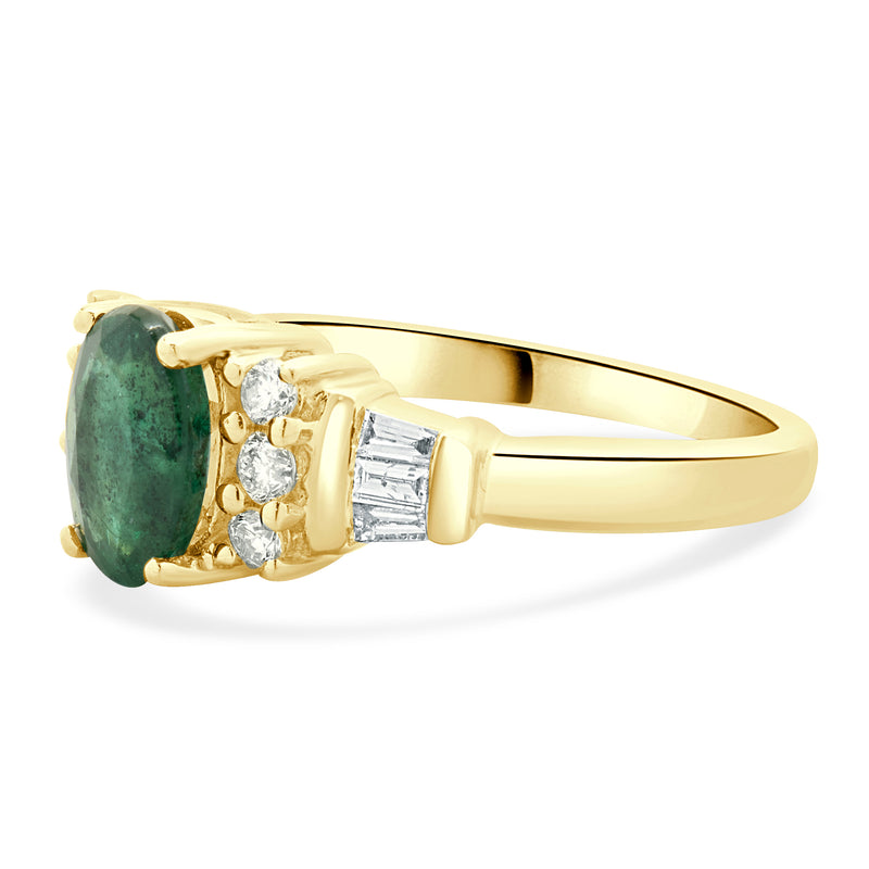 14 Karat Yellow Gold Oval Dark Kelly Green Emerald and Diamond Ring