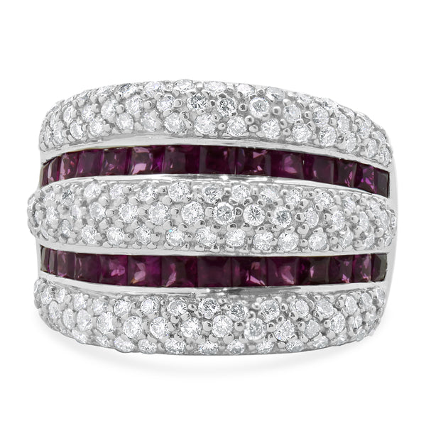 14 Karat White Gold Pave Diamond and Ruby Five Row Cigar Band