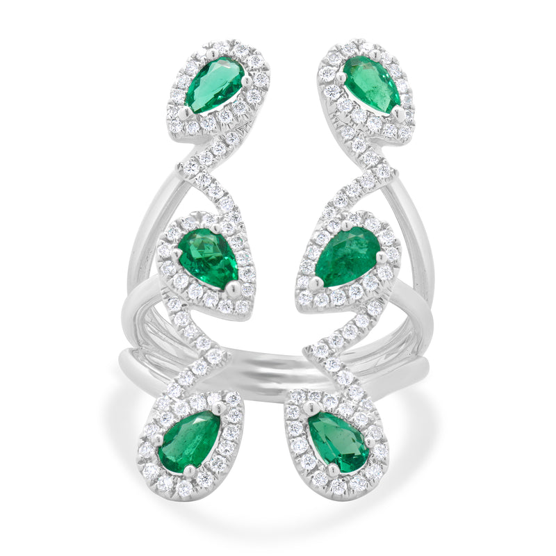 18 Karat White Gold Pear Cut Emerald and Diamond Full Finger Parallel Zig Zag Ring