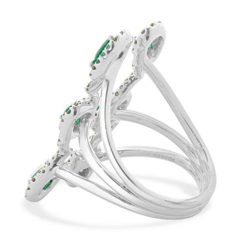18 Karat White Gold Pear Cut Emerald and Diamond Full Finger Parallel Zig Zag Ring