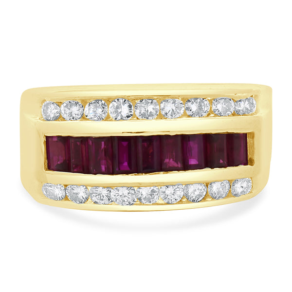 14 Karat Yellow Gold Diamond and Ruby Three Row Ring