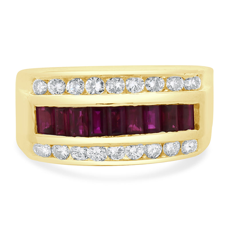 14 Karat Yellow Gold Diamond and Ruby Three Row Ring