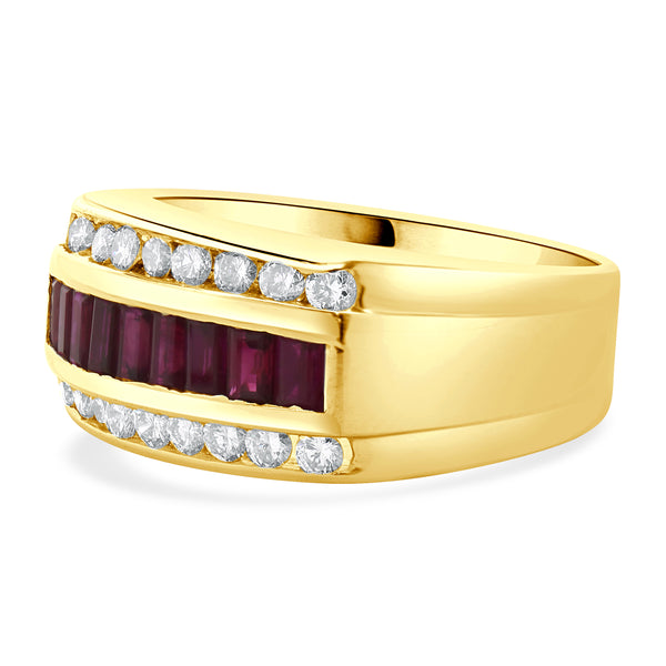 14 Karat Yellow Gold Diamond and Ruby Three Row Ring