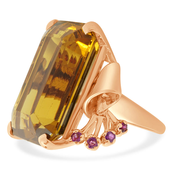18 Karat Rose Gold Vintage Citrine and Ruby Retro Cocktail Ring