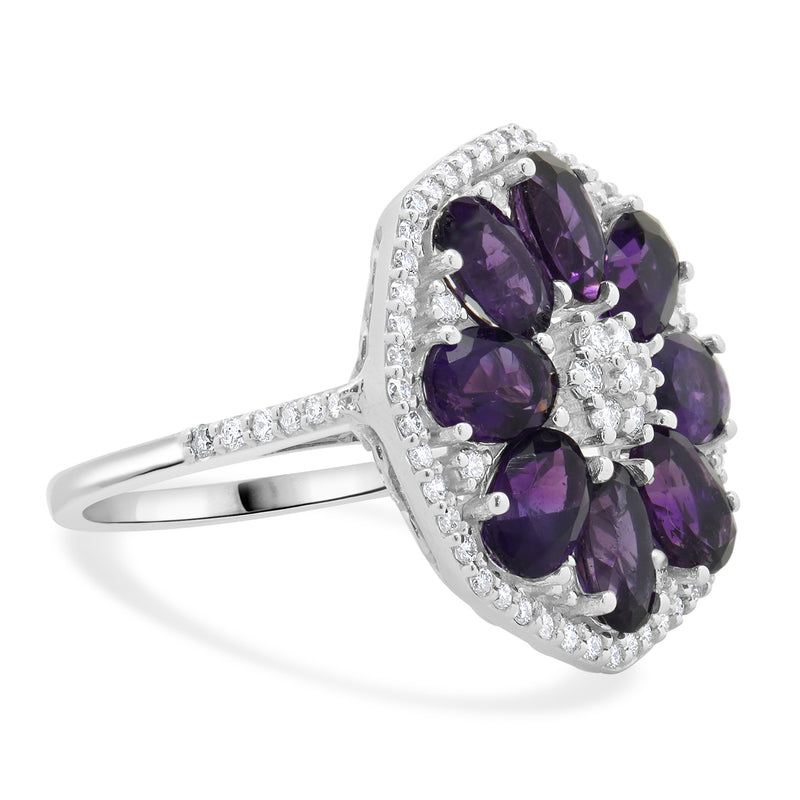 14 Karat White Gold Amethyst and Diamond Flower Ring