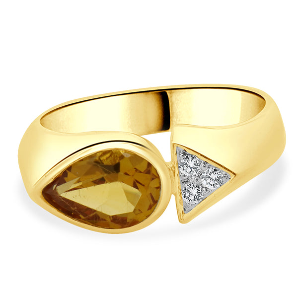 18 Karat Yellow Gold Bezel Set Citrine and Diamond Geometric Ring