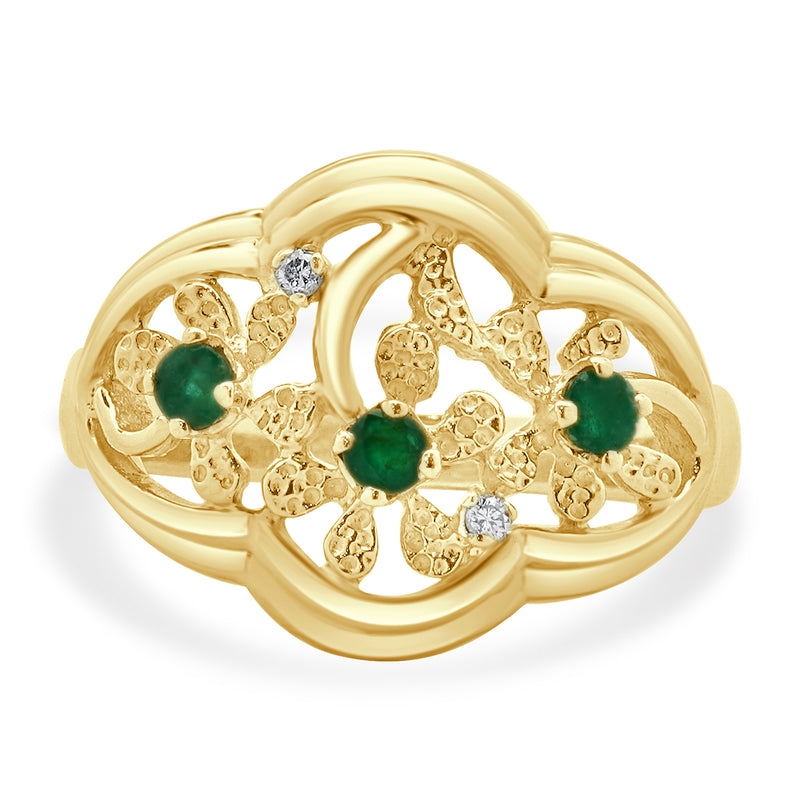 10 Karat Yellow Gold Vintage Emerald and Diamond Floral Cutout Ring