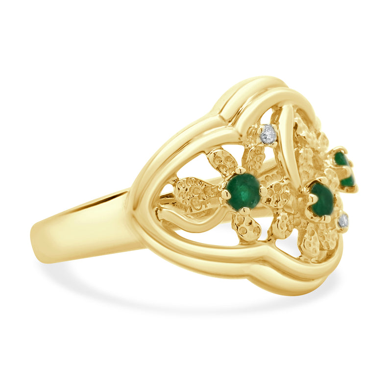 10 Karat Yellow Gold Vintage Emerald and Diamond Floral Cutout Ring