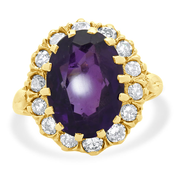 10 Karat Yellow Gold Oval Amethyst and Diamond Cocktail Ring
