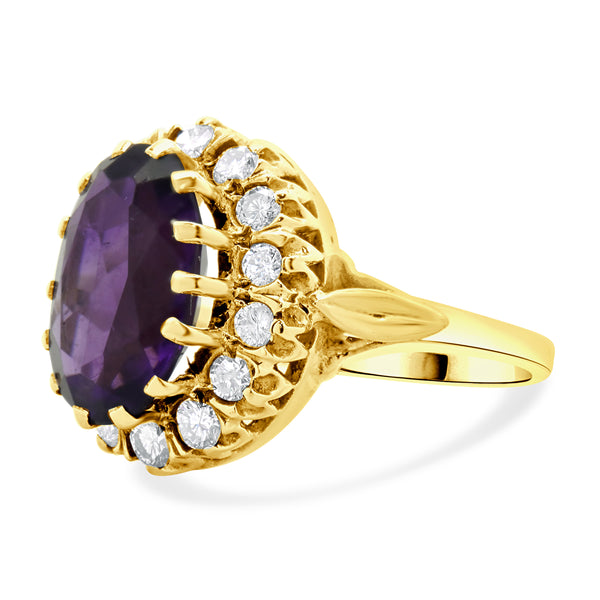 10 Karat Yellow Gold Oval Amethyst and Diamond Cocktail Ring