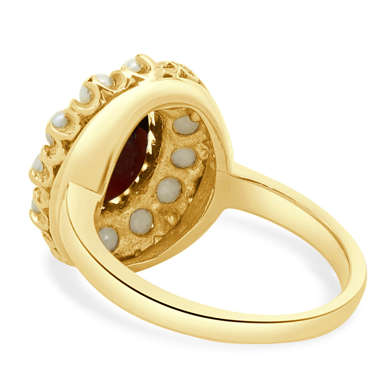 14 Karat Yellow Gold Oval Garnet and Pearl Halo Ring