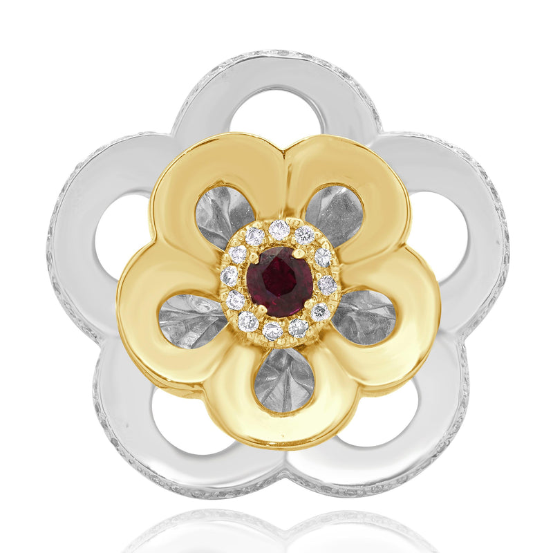14 Karat Two Tone Ruby and Diamond Flower Ring