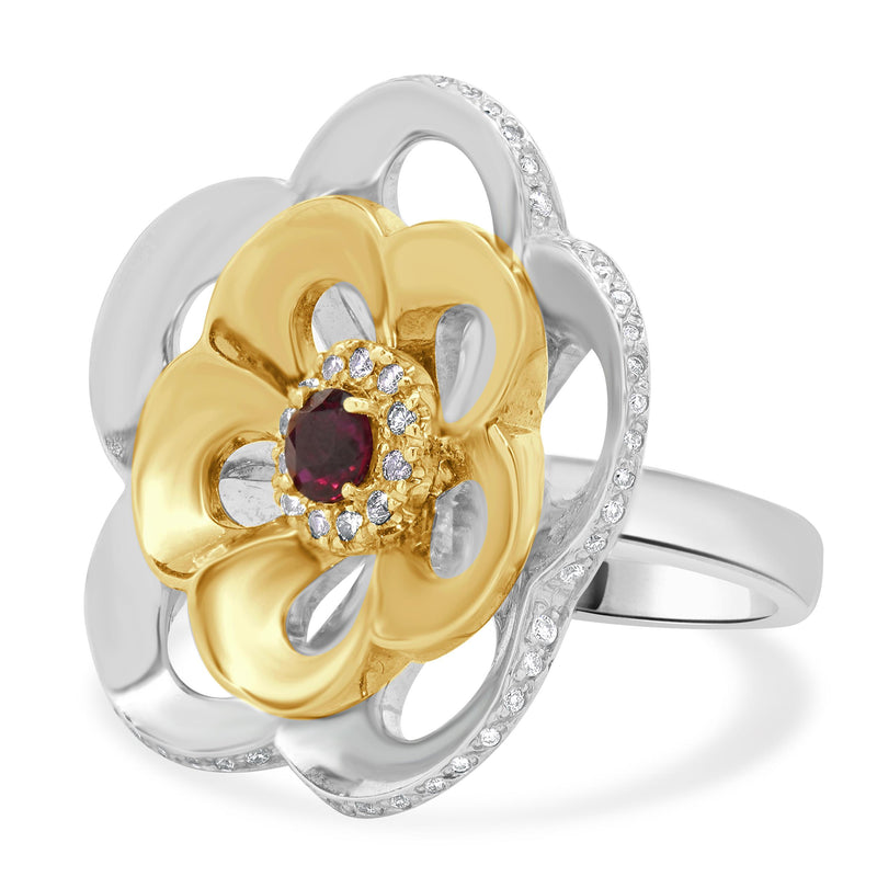 14 Karat Two Tone Ruby and Diamond Flower Ring
