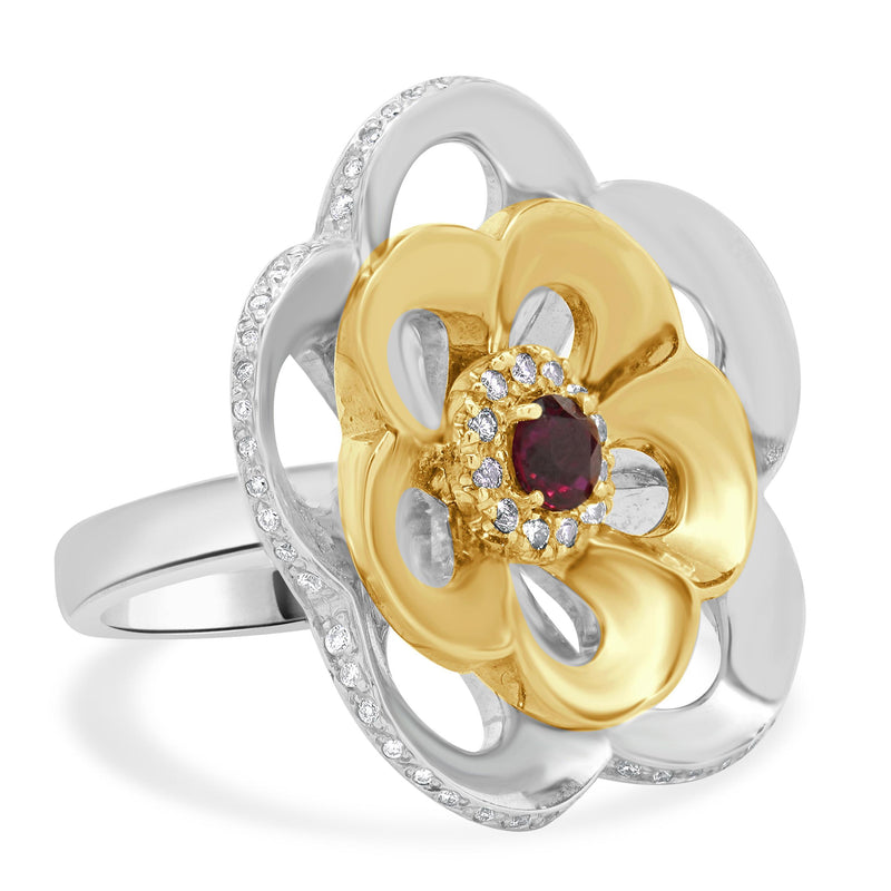 14 Karat Two Tone Ruby and Diamond Flower Ring