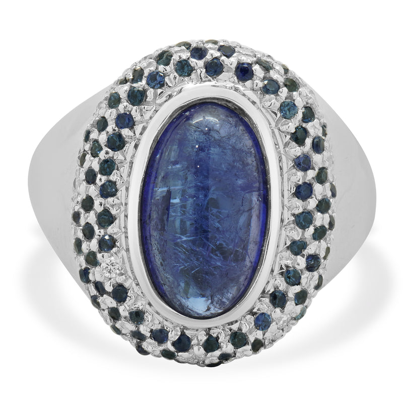 14 Karat White Gold Oval Tanzanite Cabochon, Sapphire, and Diamond Cocktail Ring