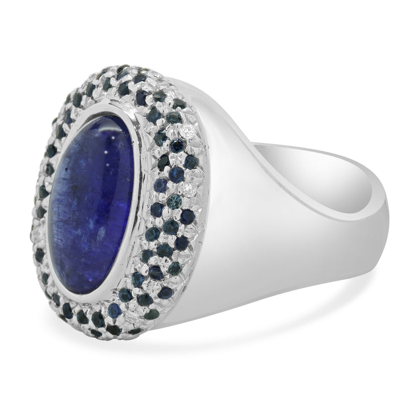 14 Karat White Gold Oval Tanzanite Cabochon, Sapphire, and Diamond Cocktail Ring