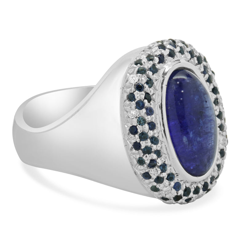 14 Karat White Gold Oval Tanzanite Cabochon, Sapphire, and Diamond Cocktail Ring