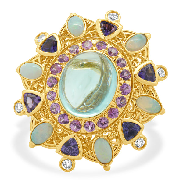 18 Karat Yellow Gold Paraiba Tourmaline, Opal, Iolite, Pink Tourmaline, and Diamond Ring