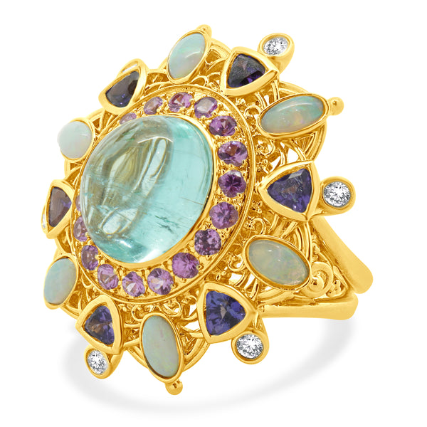 18 Karat Yellow Gold Paraiba Tourmaline, Opal, Iolite, Pink Tourmaline, and Diamond Ring