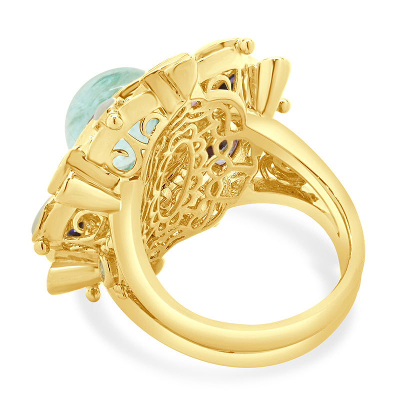 18 Karat Yellow Gold Paraiba Tourmaline, Opal, Iolite, Pink Tourmaline, and Diamond Ring