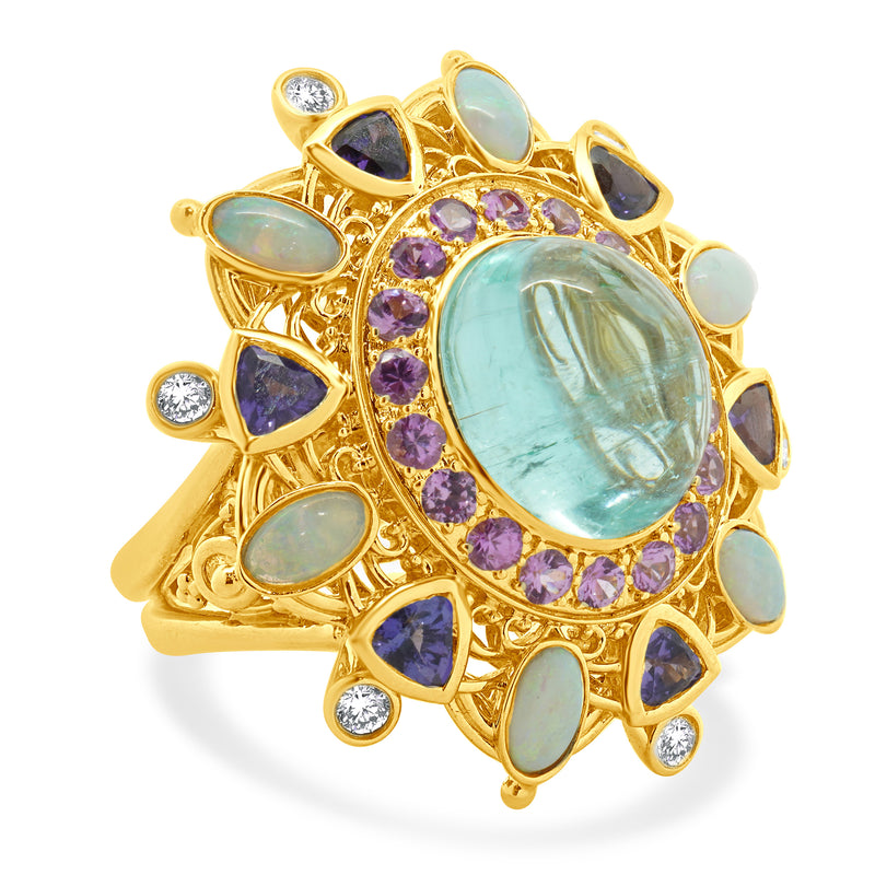 18 Karat Yellow Gold Paraiba Tourmaline, Opal, Iolite, Pink Tourmaline, and Diamond Ring