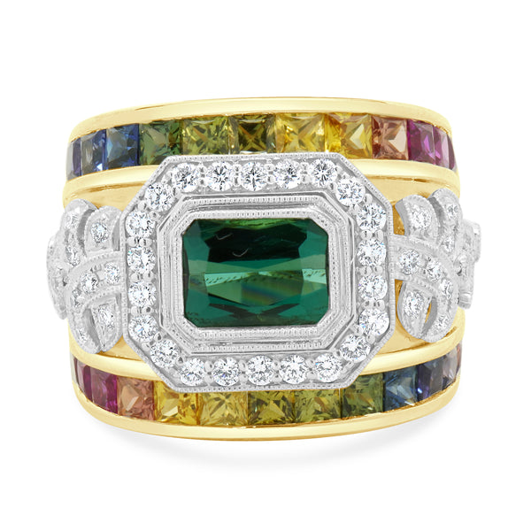 18 Karat Yellow Gold Green Tourmaline, Rainbow Sapphire, and Diamond Ring