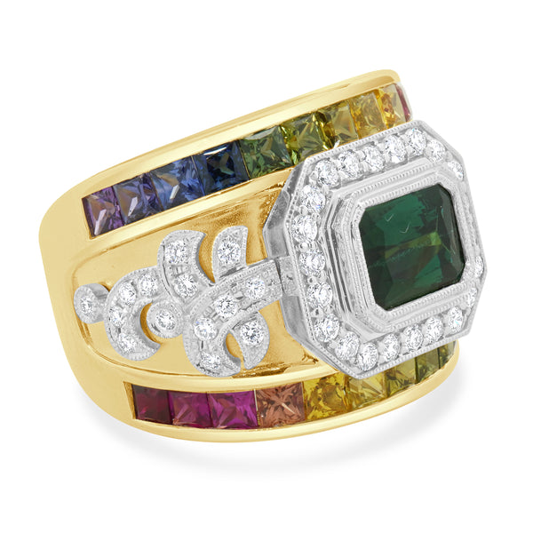 18 Karat Yellow Gold Green Tourmaline, Rainbow Sapphire, and Diamond Ring