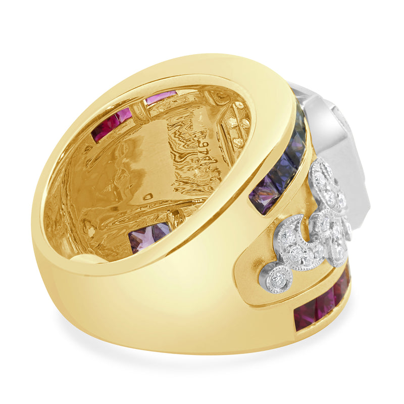 18 Karat Yellow Gold Green Tourmaline, Rainbow Sapphire, and Diamond Ring