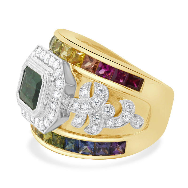 18 Karat Yellow Gold Green Tourmaline, Rainbow Sapphire, and Diamond Ring