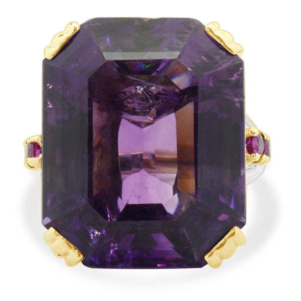 14 Karat Yellow Gold Retro Amethyst and Diamond Cocktail Ring