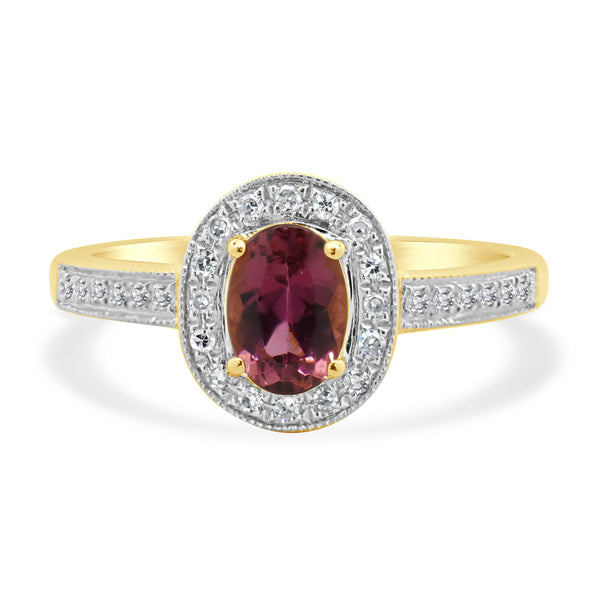 14 Karat Yellow Gold Pink Tourmaline and Diamond Oval Ring