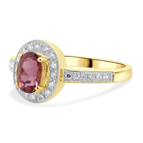 14 Karat Yellow Gold Pink Tourmaline and Diamond Oval Ring