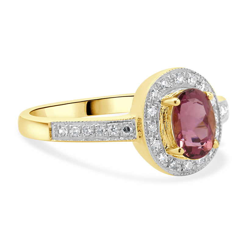 14 Karat Yellow Gold Pink Tourmaline and Diamond Oval Ring