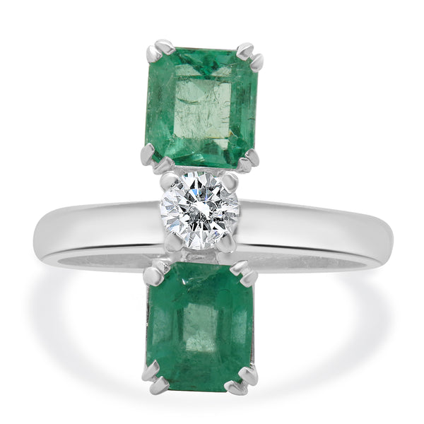 18 Karat White Gold Emerald and Diamond Three Stone Stack Ring